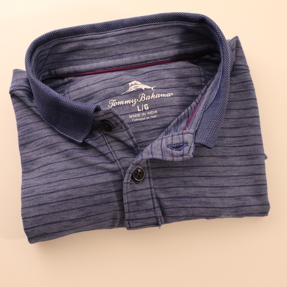 Tommy Bahama Polo Shirt Men's Blue Striped Short Sleeve Size L - Picture 9 of 9